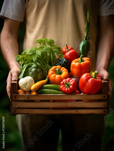 A man holding a box with fresh vegetables. Healthy eating concept.