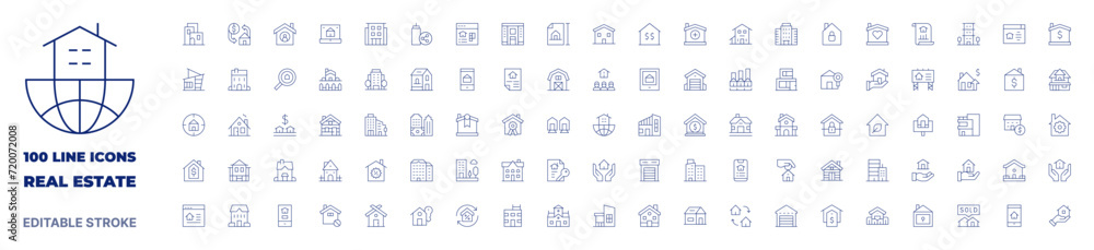 100 icons Real estate collection. Thin line icon. Editable stroke. Real estate icons for web and mobile app. - obrazy, fototapety, plakaty 