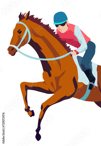 Jockey riding racehorse on a fast speed, flat style vector illustration. Horse racing tournament