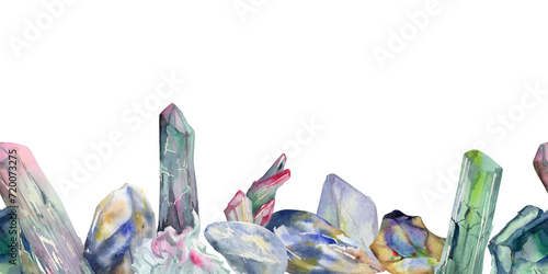 Hand drawn watercolor illustration precious semiprecious jewel gem crystal chakra birth stone. Tourmaline emerald. Seamless border isolated on white background. Design print, shop, jewelry, fashion photo