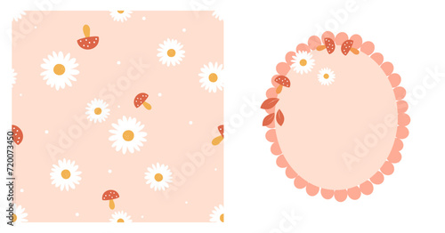 Seamless pattern with daisy flower and red mushroom on orange background vector illustration. Oval shape sign isolated on white background.