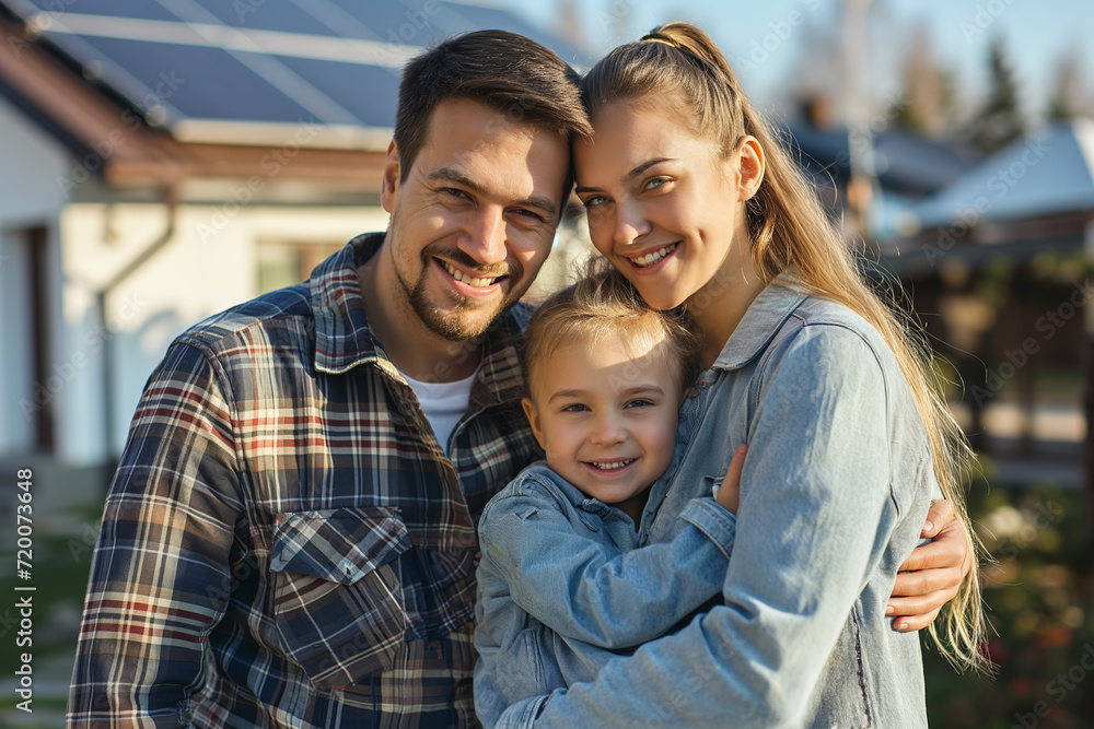 A family embracing a sustainable lifestyle, featuring solar panels and eco-friendly home improvements