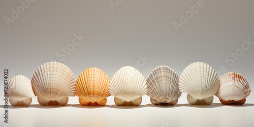 Collection of seashells on beige with light grey background