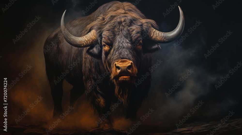 Obraz premium Painting of a Bison With Majestic Horns. On a black background. Generative AI.