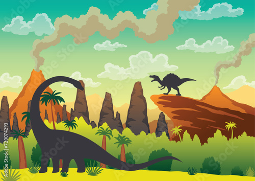 Prehistoric landscape - volcano with smoke, mountains, dinosaurs and green vegetation. Vector illustration of beautiful prehistoric landscape and dinosaurs