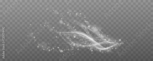 White magic spiral swirl line with dust.Light effect.Bright flash with wind curve on transparent background.Flying particles.Magic spiral, twisting effect with stars. photo