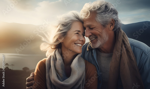 An elderly couple, a man and a woman, hugging. They look at each other with a loving gaze. Old people on a walk. Relationships in old age. Love and romance.