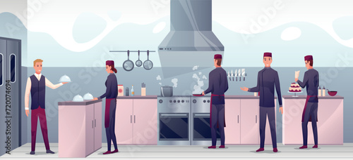 People cooking in restaurant kitchen. Professional chef with crew preparing food, waiter with serving plate vector illustration. Horizontal panorama, culinary room interior background