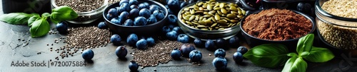 Assortment of vibrant organic superfoods, including blueberries, chia seeds, and quinoa, artistically arranged in a modern kitchen setting photo