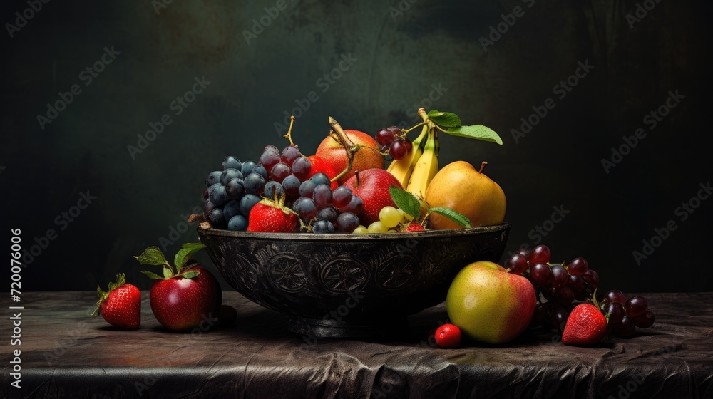 Dark moody fresh fruit bowl with dark background Dark moody fresh fruit bowl with dark background