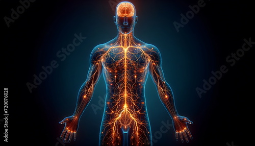 Medical technology concept. Electronic medical record. Holographic with the shape of a human body equipped with a nervous system. photo