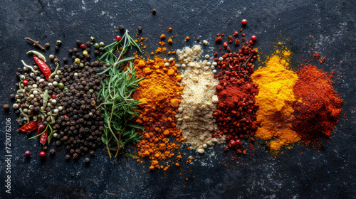 Top view of piles of colourful spices on a slate background.
