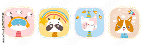 Cute animals set. Portraits of a cat, raccoon, dog and fox. Vector cartoon characters in simple hand-drawn Scandinavian style. Ideal for decorating a nursery and printing on baby clothes.