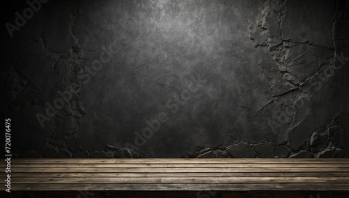 empty wooden table grungy black wall background