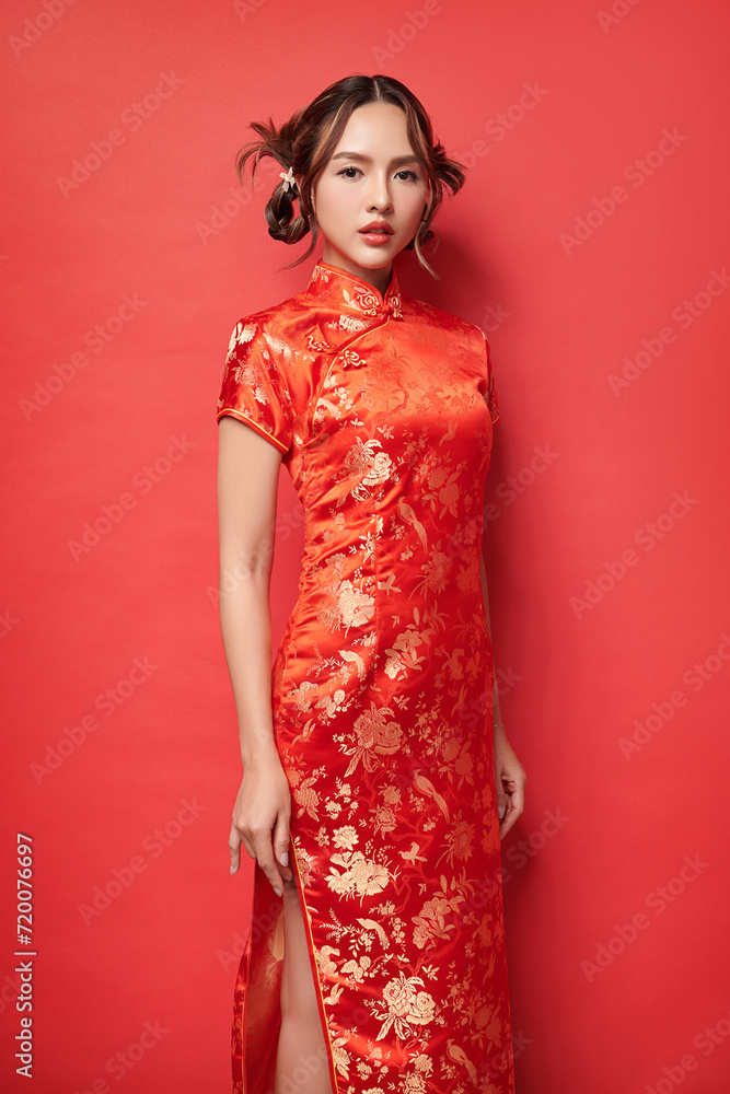 Asian chinese woman in traditional dress on red background. Chinese new year festival, Asian chinese woman in traditional dress on red background. Chinese new year festival,