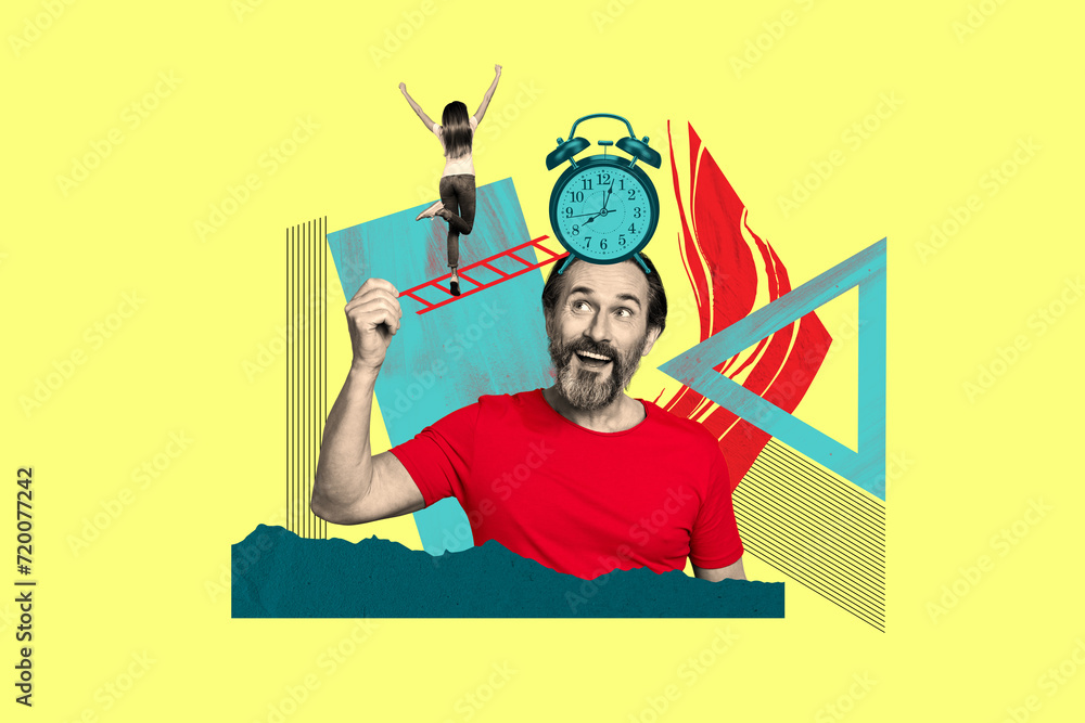 Φωτογραφία Pinup pop retro artwork collage of excited businessman help girl reach ambitious