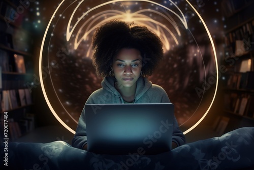 Hipster African American girl student with laptop watch video online webinar, video conference pc call on laptop under abstract bubble in bed at home
