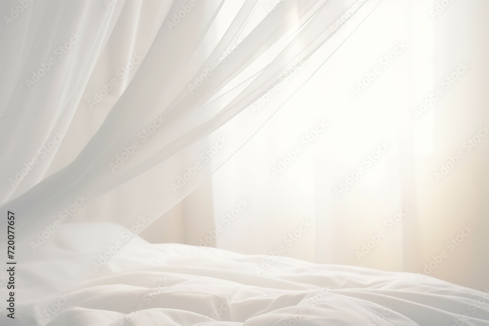 Transparent white curtain tulle from window in bedroom. Sunny morning in bedroom, fresh air window curtain with sunlight penetrate room Transparent white curtain tulle from window in bedroom. Sunny morning in bedroom, fresh air window curtain with sunlight penetrate room