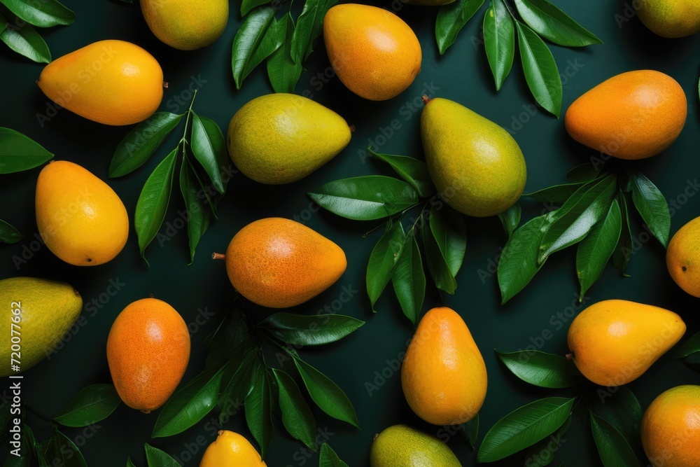 Mango fruit and leaf pattern background. Overhead view. Mango fruit and leaf pattern background. Overhead view.