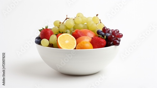 A bowl of fruit white bowl photo-realistic on a white background