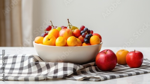 A bowl of fruits on a tabletop tea towel on simple minimal background