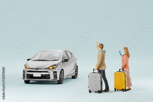 スマートフォンアプリでライドシェアの車を手配する外国人観光客 / ライドシェアのコンセプトイメージ / 3Dレンダリング photo