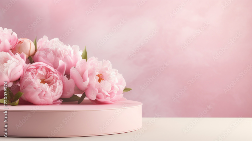 Bouquet of pink peonies with a product podium for product presentation. Bouquet of pink peonies with a product podium for product presentation.