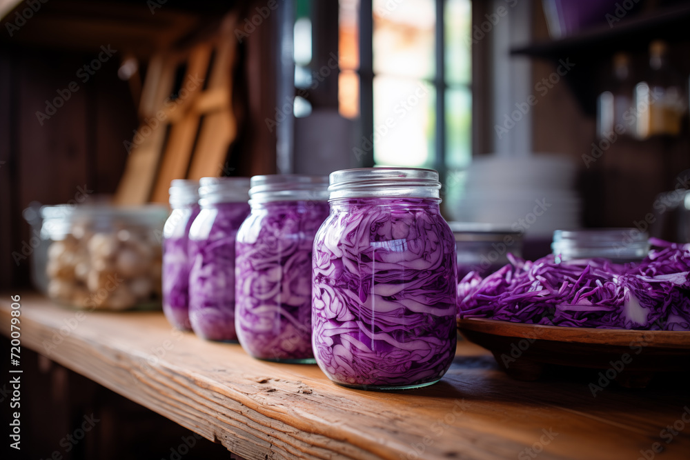 Φωτογραφία Preparation of homemade fermented purple cabbage or sauerkraut in glass jar