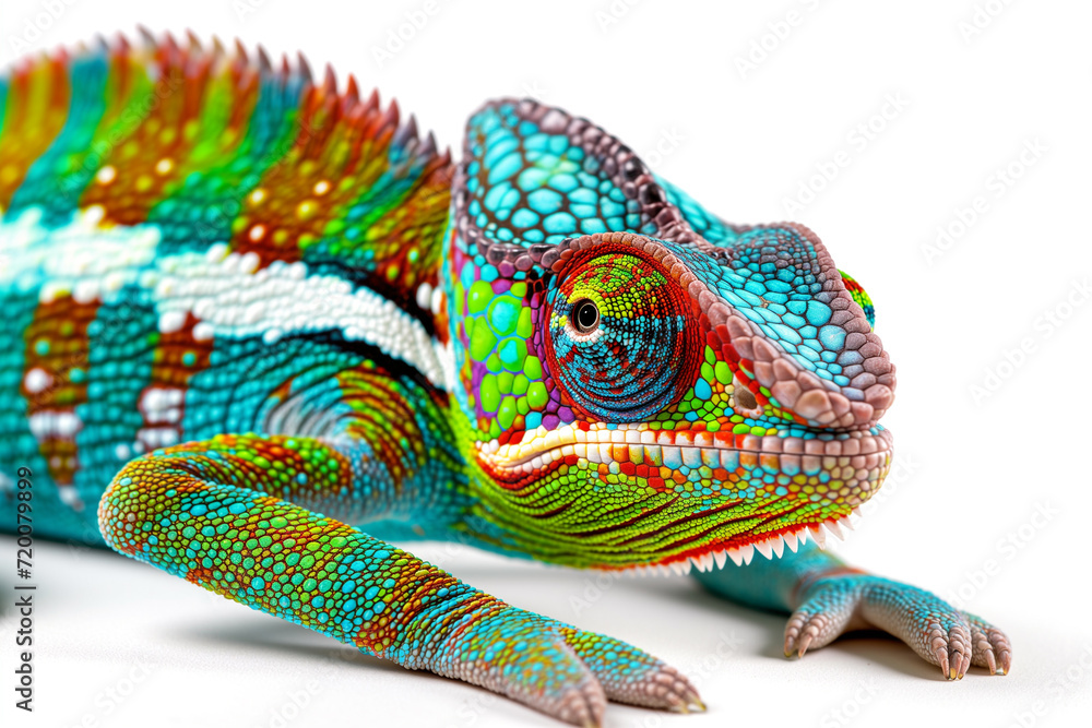 Abstract of lizard chameleon portrait isolated on white background with multi colored colorful on skin body and scales paint, reptile animal, Vibrant bright Full body chameleon
