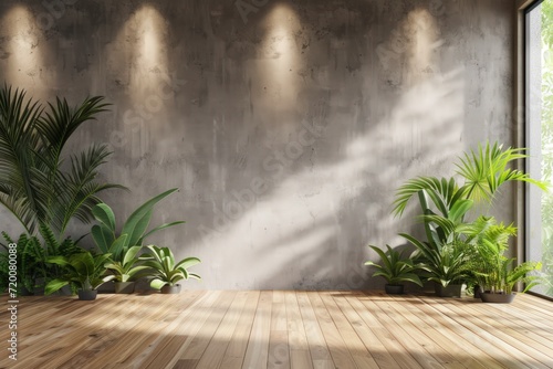 an empty room in a modern contemporary loft, lush green plants arranged on a sleek wooden floor.