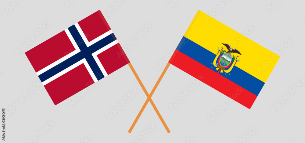 Crossed flags of Norway and Ecuador. Official colors. Correct proportion