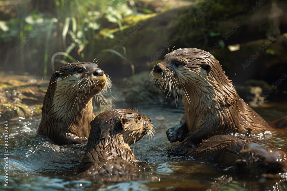 Playful Otter family frolicking by a riverside their sleek bodies and animated expressions adding a sense of joy to the freshwater scene