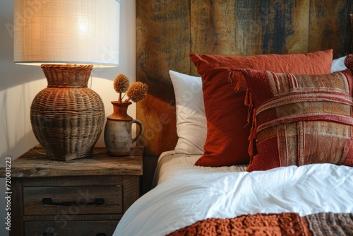 Autumn-Inspired Bedroom Interior with White Beddings and Cozy Wicker Lamp
