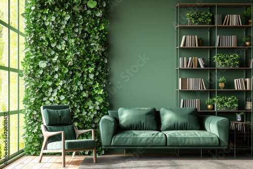 Green sofa and chair against green wall with book shelf. Scandinavian home interior design of modern living room with greenery © LivroomStudio
