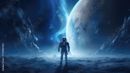 an astronaut in a spacesuit stands on the planet and looks at the Milky Way galaxy. Concept of lunar colonization and space travel.