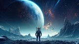 an astronaut in a spacesuit stands on the planet and looks at the Milky Way galaxy. Concept of lunar colonization and space travel.