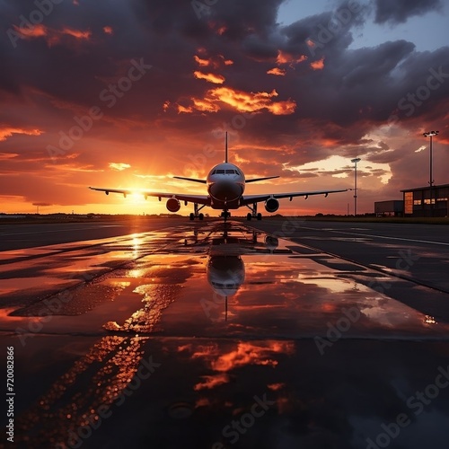 Sky over airport with sunset and clouds on the runway