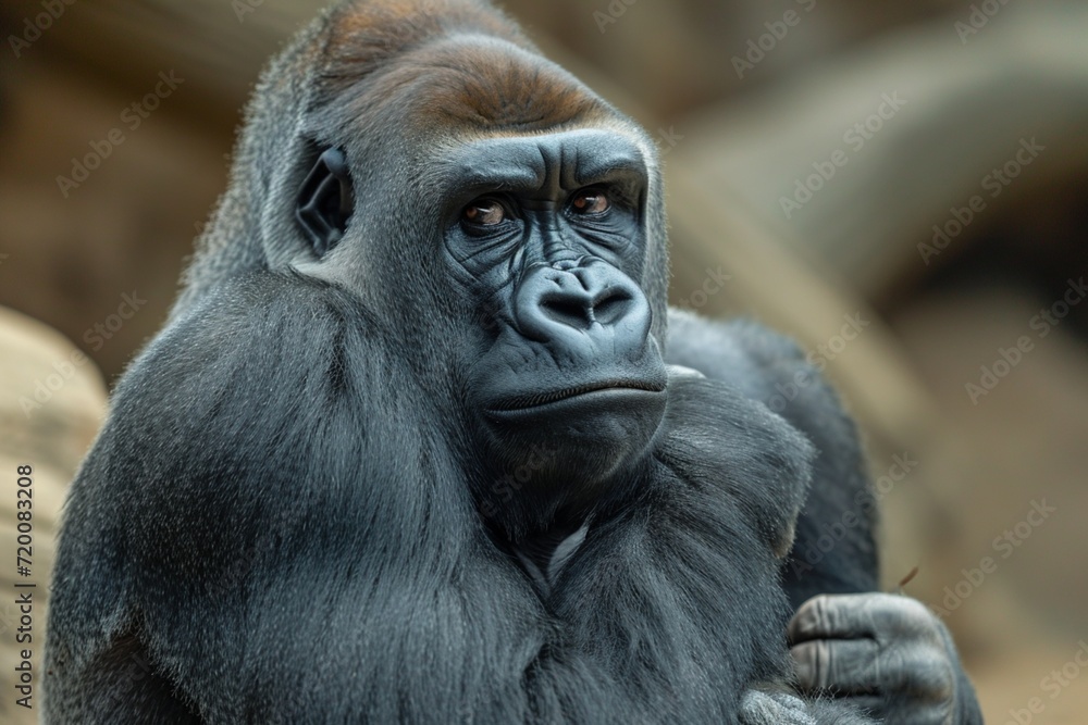 Powerful Silverback Gorilla in a contemplative pose its massive frame and expressive eyes conveying a sense of wisdom and strength