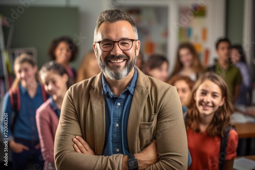 Portrait of smiling man teacher in a class at elementary school looking at camera with students in background.