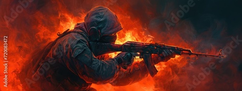 A soldier equipped in camouflage attire, helmet, and protective mask, steadying his rifle as he takes aim with determination.
