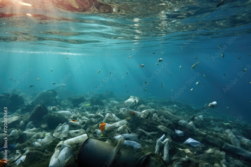 Water of ocean is full of plastic waste and dead sleeping fish