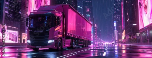 A modern truck container traversing the road in a nighttime logistics transport scene, symbolizing the bustling movement of goods. © Murda