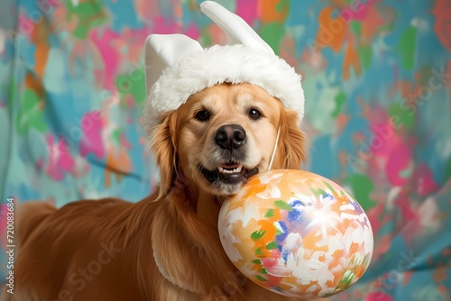 Happy dog the labrado retreiver wearing white easter bunny ear holding painted easter egg on colorful background photo