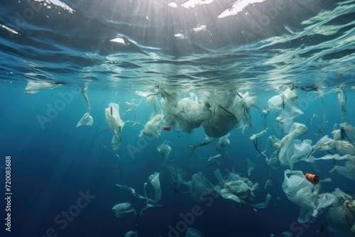 Water of ocean is full of plastic waste and dead sleeping fish. Environment conservation. Human impact on earth and nature. Climate changing, air pollution, toxic waste