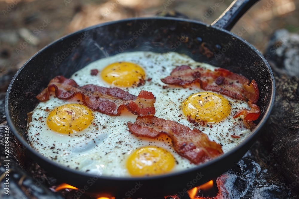 Camping breakfast with bacon and eggs in a cast iron skillet Camping breakfast with bacon and eggs in a cast iron skillet