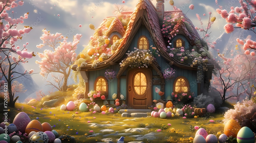 cute fantasy theme easter house graphic drawing style with easter eggs laying around - obrazy, fototapety, plakaty 