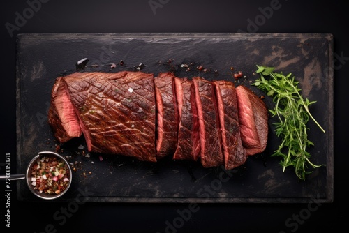 Picanha on wooden counter top. Overhead view.