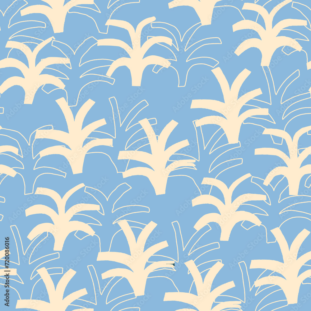Abstract Palm trees seamless pattern in vintage baby blue. Summertime Vector illustration