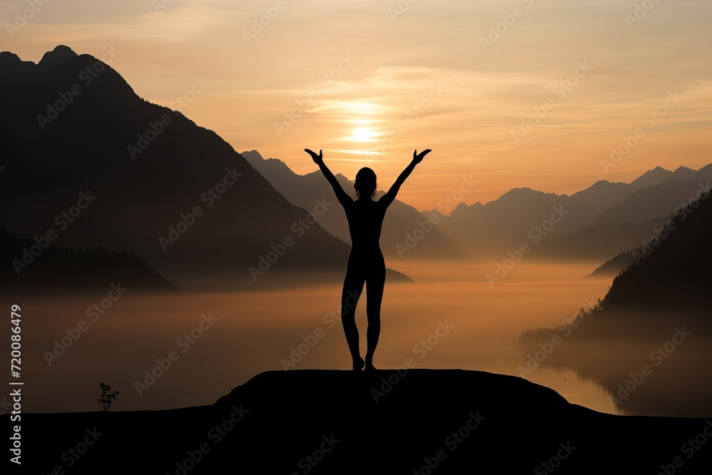 Beautiful athletic woman practicing yoga at sunset in the serene mountainous landscape