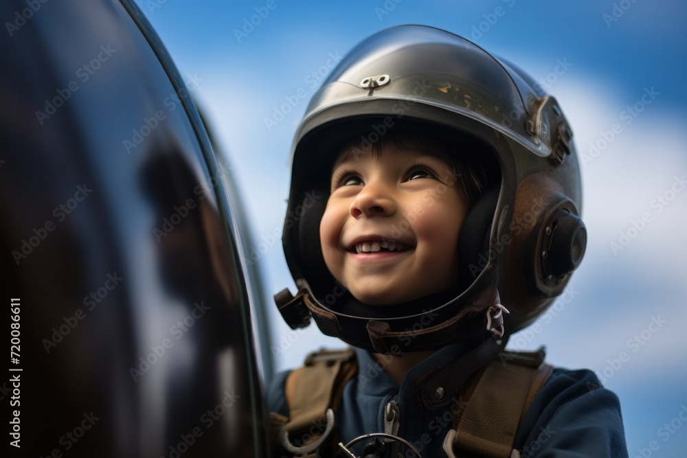 A happy and excited young pilot enjoying a summer day, wearing a helmet and dreaming of aviation adventures. A happy and excited young pilot enjoying a summer day, wearing a helmet and dreaming of aviation adventures.